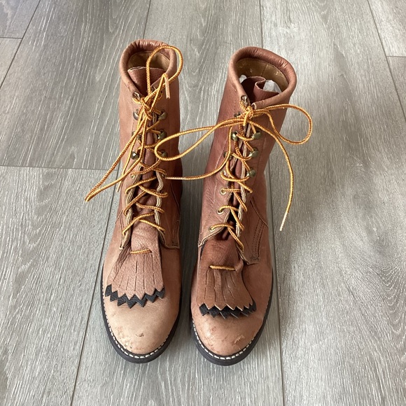 Vintage Laredo Leather Lace Up Riding Boots W/ Fringe Detail at Toe Size 7.5 - Picture 1 of 6